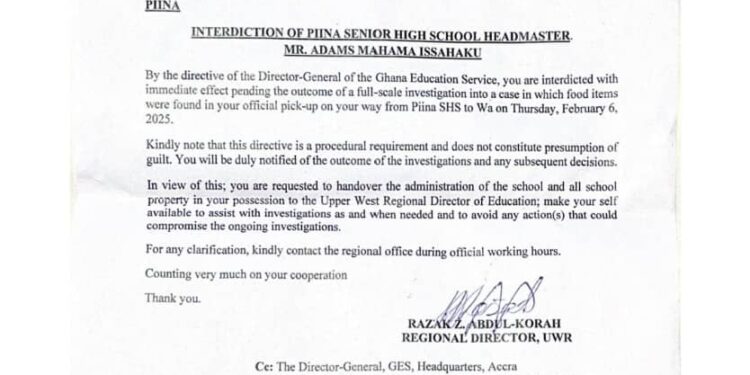 Upper West: GES interdicts Piina SHS headmaster over food smuggling